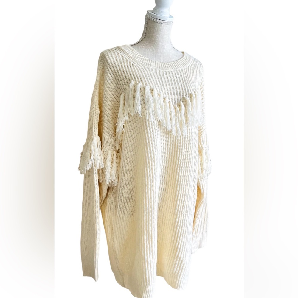 VICI Crewneck Fringe Trim Drop Shoulder Sweater Dress Cream X Large